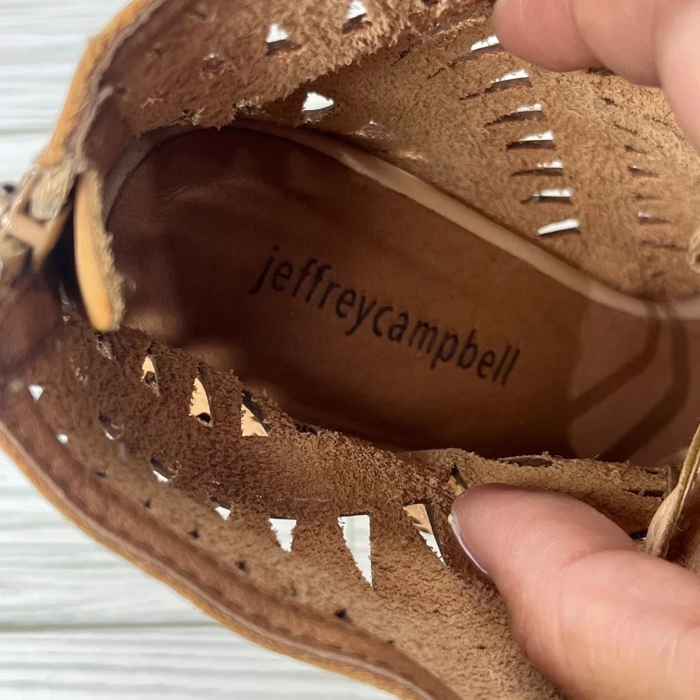 Jeffrey‎ Campbell Rodillo Cutout Leather Wedge Peep Toe Sandals Tan Womens 8